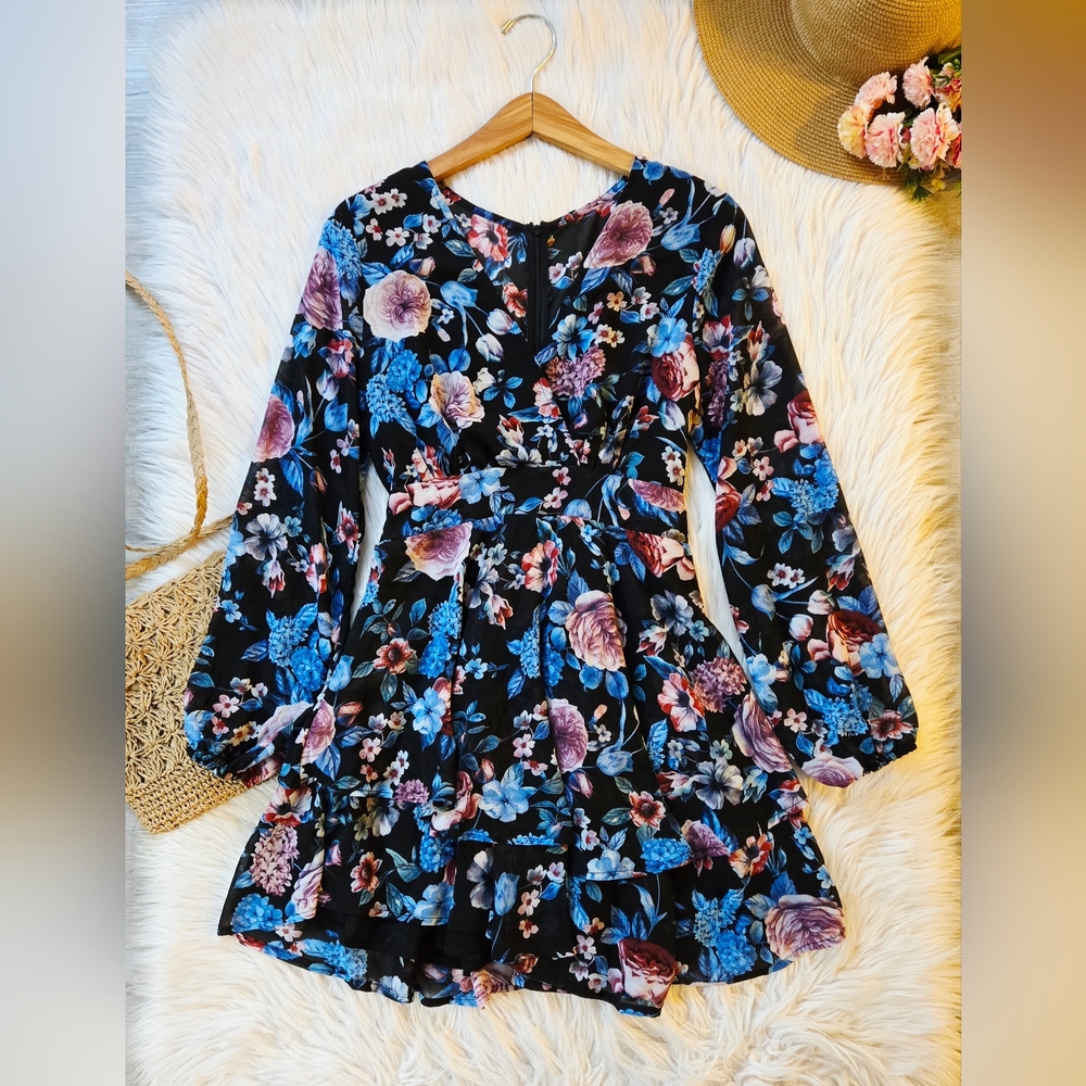 Floral Long Sleeve Dress - Black with Blue & Pink Blooms